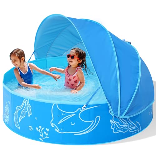 Foldable Kiddie Pool with Canopy: 47in Baby Pool and Beach Tent f...