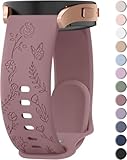 Quick Release Rose Butterfly Engraved Strap for Smart Watch Straps 20mm Women,Silicone Sport Strap with Silver Plated Stainless Steel Buckle for Samsung Galaxy/Garmin/Fossil/Amazfit(Violet Smoke)