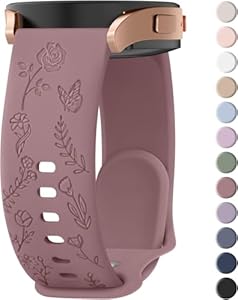 Quick Release Rose Butterfly Engraved Strap for Smart Watch Straps 20mm Women,Silicone Sport Strap with Silver Plated Stainless Steel Buckle for Samsung Galaxy/Garmin/Fossil/Amazfi... Smoke)