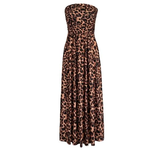 HUSKARY Tube Top Dress for Women Summer Casual Off Shoulder Midi Beach Vacation Dresses with Pockets Small Leopard