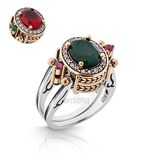 Turkish Handmade Jewelry Reversible Oval Cut Ruby Emerald Jade Topaz 925 Sterling Silver Ladie's Ring All Size #TOP1
