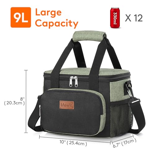 Image of Lifewit Medium Lunch Bag, Insulated Lunch Box, Soft Cooler Cooling Tote for Adult Men Women, Black and Green 12-Can (9L)