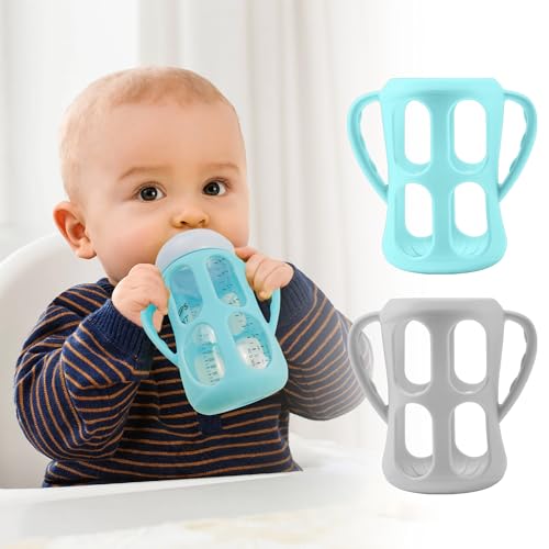 Image of 2 Pack Silicone Bottle Sleeves with Handles for Philips Avent Natural Baby Bottles 9 oz/8 oz, Avent Glass Bottle Sleeve-Food Grade, BPA Free, Easy Grip Baby Bottle Holder, Dishwasher/Heaters Safe