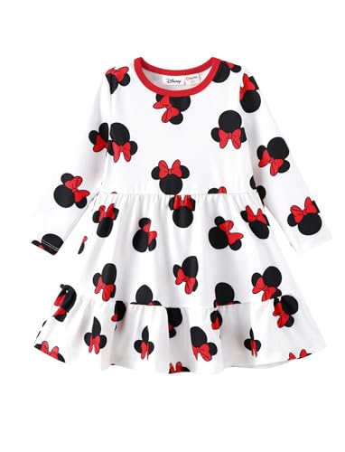 Disney Minnie Mouse Dress Toddler Girl Character Print A-Line Long Sleeve Winter Fall Clothes Cute Kids Outfit Gift Party Costume White Sizes 3-4T