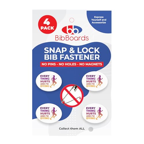bibSNAPS Race Bib Clips - Safety Lock Fasteners - Secures Running Marathon Cycling & Event Number Non Magnetic Easy to Use Soft & Reusable - Replacement for Pins & Magnets Everything Hurts(4pcs)