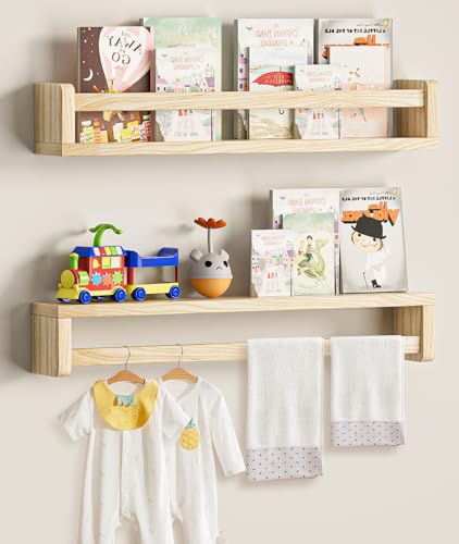 Image of QimCoor 23.6 inch Kids Bookshelf, 2Pack Floating Bookshelves for Wall, Solid Wood Nursery Book Shelves, Wall Shelves for Living Room Bedroom Decor, Natural