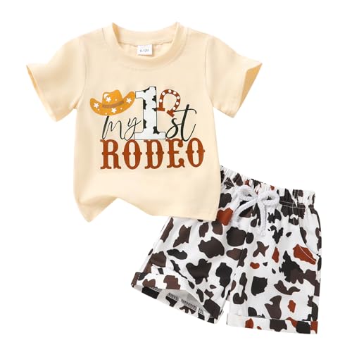 Happy Town Baby Boy Summer Outfits 1st Birthday Themed Prints Vintage Beige T-shirt Shorts Infant Boys Clothes Set 6-24M(My 1st Rodeo Cowboy 12-18 Months)