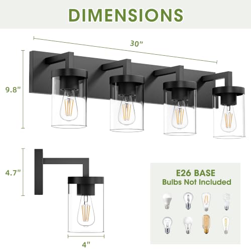 Image of Bathroom Vanity Light, 4 Light Matte Black Vanity Light with Clear Glass Shade, 30in Farmhouse Vanity Light, Bathroom Lighting Fixtures Over Mirror for Bathroom
