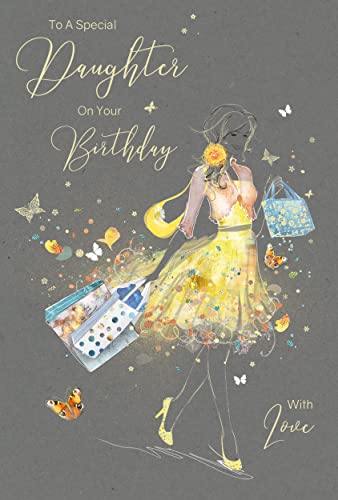 Cherry Orchard Carte d'anniversaire pour fille - To A Special Daughter On Your Birthday With Love - Femme artistique dans une magnifique robe jaune - Paillettes et finition feuille d'or - Pour elle Cover