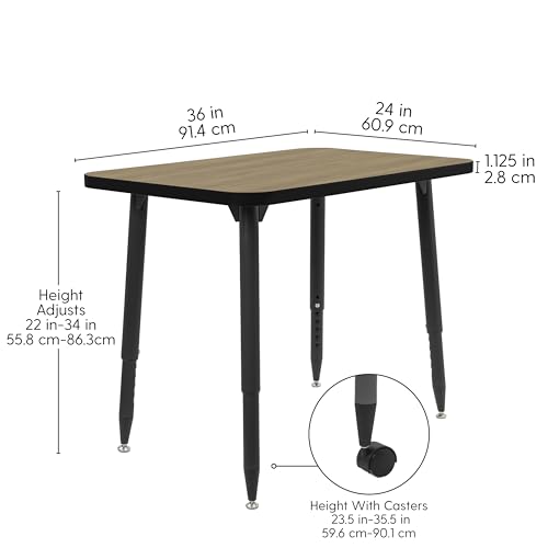 Image of Adapte Commercial Classroom Activity Table - 24 inch x 36 inch Rectangle, ADA Compliant Tapered Legs with Glides & Casters, Adjustable Height 22-34 inch Wheelchair Accessible, School & Office Furniture