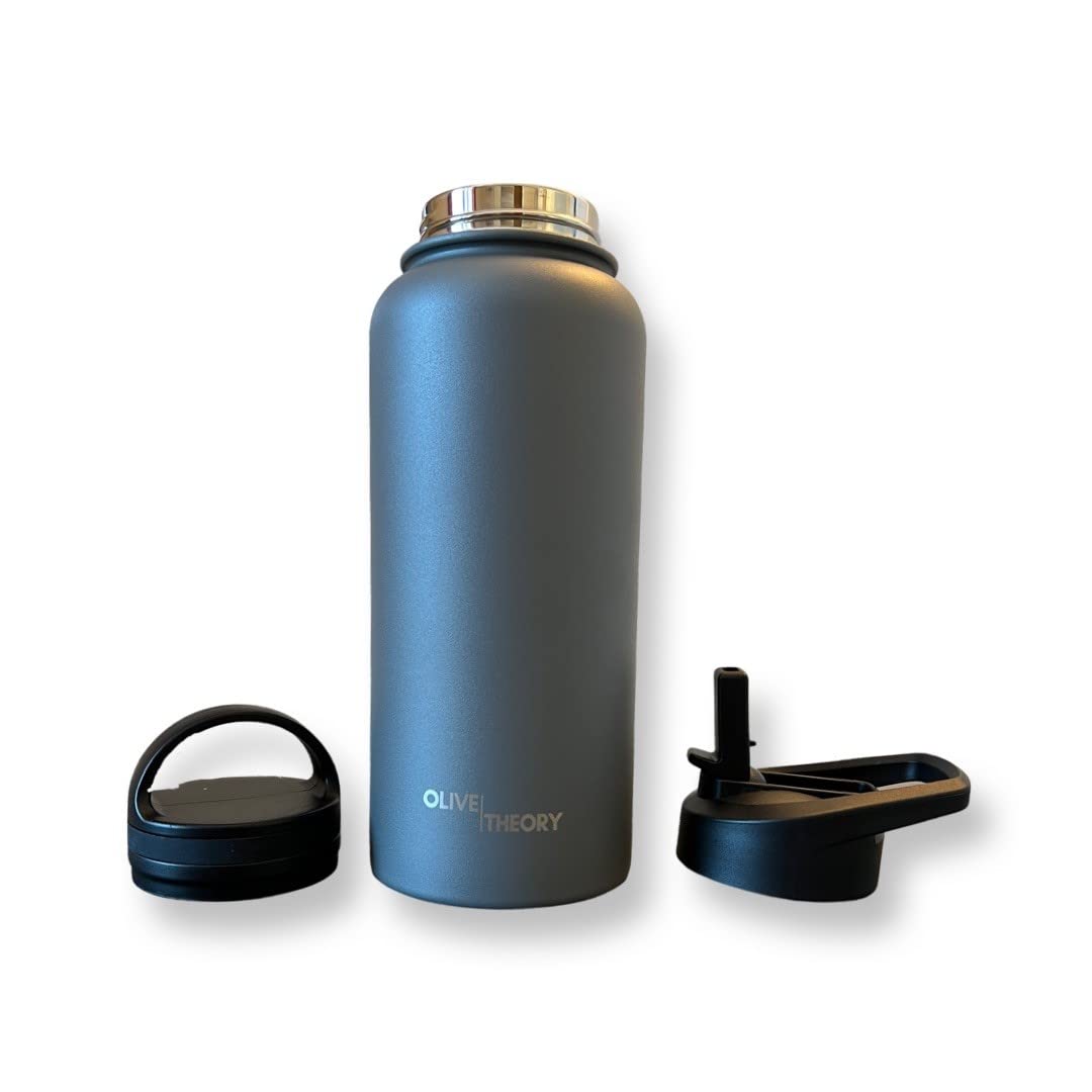 Olive Theory Water Bottle, Gray, 32oz, Stainless Steel, 2 leakproof lids (straw lid & screw top lid), Double Wall Insulation, BPA free, Wide Mouth