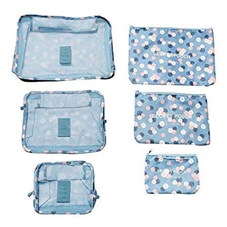 Image of 6 in 1 Polyester Secret Pouch Travel Bag Packing Cubes Laundry Bag with Undergarments & Cloth Storage Organizer Travelling Set /Suitcase Cloth Cube Bag (SKY FLAVER 6 in 1 Travel Bag)