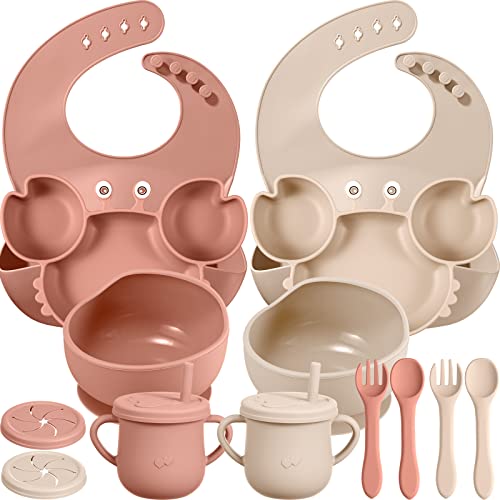 Image of 14 Pcs Baby Feeding Set Silicone Baby Led Weaning Feeding Supplies, Suction Bowl Crab Shape Divided Plate Adjustable Bib Soft Spoon Fork Snack Cup with Lid Drinking Cup, Toddlers Self Eating Utensil