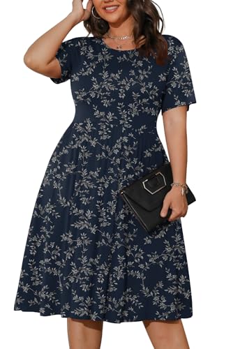 Image of POSESHE Womens Plus Size Summer Dress 2026 Casual Short Sleeve Empire Waist Loose Fit Swing T-Shirt Dress with Pockets