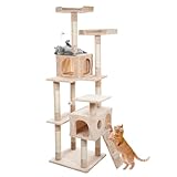 Cat Tree - 5.5-Foot Cat Tower for Indoor Cats with Perches, 2 Condos, 9 Cat Scratching Posts, 2 Hanging Toys, and 2-Step Ladder by PETMAKER (Beige)