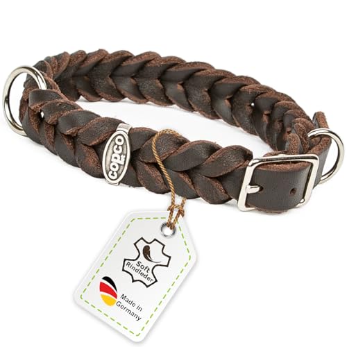 CopcoPet Hundehalsband aus Fettleder 50–55 cm x 25mm Braun – Geflochtenes Lederhalsband – verchromt mit Dornschließe – Robust & verstellbar – Für große Hunde, ideal für Alltag & Training
