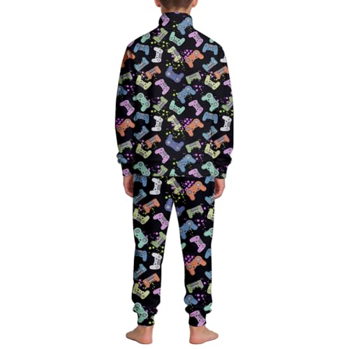 Image of SQPO Girls' Boys' Two-Piece Sportswear Retro Gamer Controller Zippered Lapel Long-Sleeved Jacket And Sweatpants Kids Set XX-Large 170