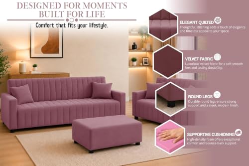 Image of Rosebell 3+2 Velet Fabric Sofa Set with Ottoman | 5-Seater Sofa | Living Room Furniture, Apartment & Office |Rose Pink-Color