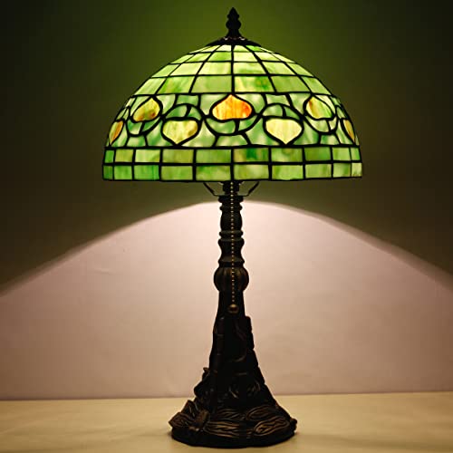Zjart Tiffany Style Table Lamp W12H19 Inch Green Stained Glass Antique Bedside Nightstand Desk Reading Lamp Work Study Desktop Light Decor Home Kids Bedroom Living Room Office Pull Chain Switch #TOP5