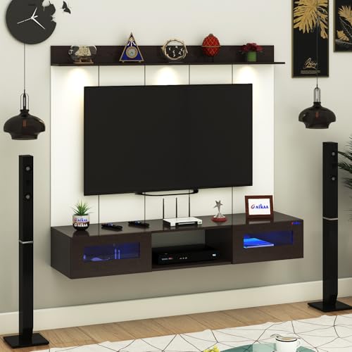 Image of Anikaa Orilo Wall Mounted PVC Back Panel TV Unit with Spot & Blue Ambient LED Light - Acrylic Storage Box, Display Shelf & Soft-Close Hinges | Ideal for UP to 50 Inch TV (Wenge - DIY Installation)