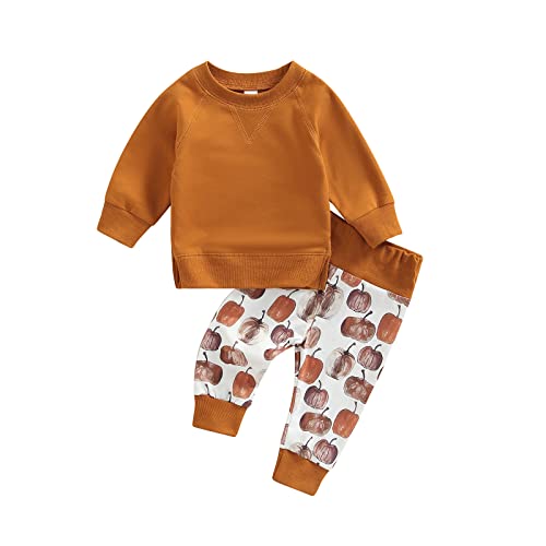 BULINGNA Toddler Baby Boy Girl Long Sleeve Solid Color Sweatshirt Pullover Tops Pumpkin Print Long Pants Fall Outfit Clothes (Brown, 6-12 Months)