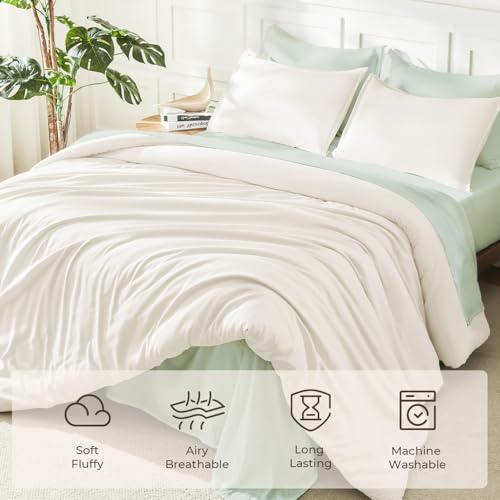 Image of Litanika Ivory Comforter Set Queen Size, 3 Pieces Lightweight Solid Bedding Comforter Set, All Season Fluffy Bed Set (90x90In Comforter & 2 Pillowcases)