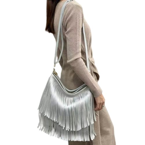 Image of IAMUHI Casual Rivets Fringed Shoulder Handbag for Women,Soft Vegan Leather Hippie Crossbody Purse Bag Hobo Bag