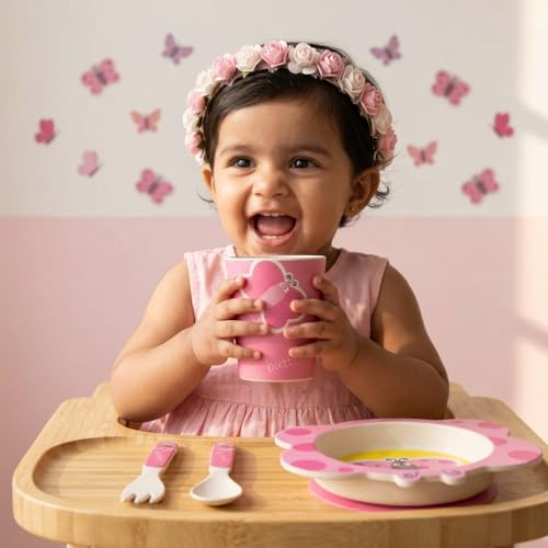 Image of Bamboo Kids Feeding Set of 5 |Kids Crockery Set Tableware |Baby Utensils and Dishes Set | Eco-Friendly |Organic & Natural (Butterfly)