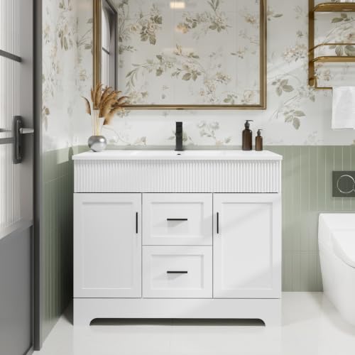 Image of eclife 42 inch Bathroom Vanities Sink Combo with Painted Surface, Modern Drawered Cabinet W /Decorative Wave Lines, Undermount Single White Sink, Matte Black Faucet Drain, White