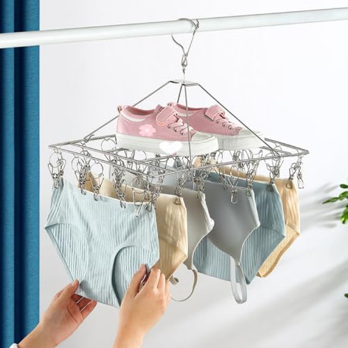 2 Pack Stainless Steel Sock Drying Rack with 80 Clips,360° Rotatable Windproof Hook Clothes Hanger Rack for Herb,Bras,Underwear,Baby Clothes,Hat,Scarf,Pants,Gloves,Towel and Laundry Accessories2