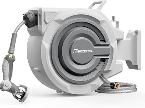 2-Piece Bundle: HOZEREEL 110 FT x 1/2" Smart Retractable Garden Hose Reel with Wall Mounting Bracket, Enclosed Storage Hose Reel with Any Length Lock and 10 Pattern Nozzle, Grey image 2