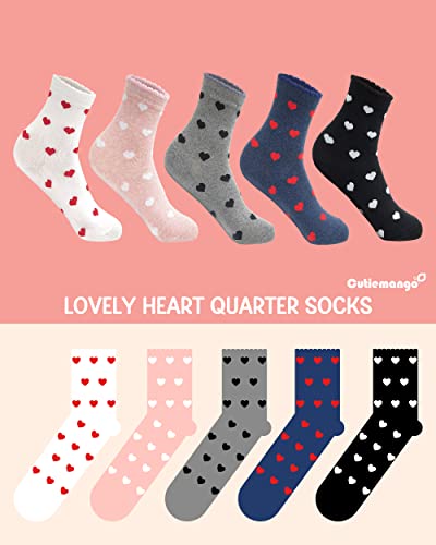 Cutie Mango 5 Pairs Women's Heart Pattern Print Cotton Daily Casual Crew Socks Novelty Premium Fashion Soft Lovely Cute Crazy Fun Size 6,7,8,9,10 For Women - White #TOP4