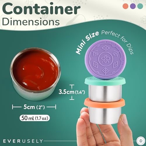 Everusely Condiment Cups - 3 Pack, 1.7 oz / 50 ml, Bright, Stainless Steel - Condiment Containers with Lids - Reusable Salad Dressing Container To Go - Sauce & Dip Cup for Lunchbox, Meal Prep