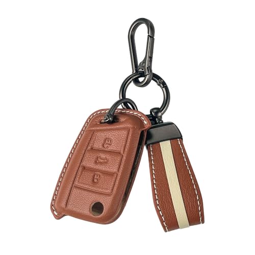 Image of Keyzone Royal Leather Key Cover for Virtus, Kylaq, Slavia, Kodiaq, Kushaq, Taigun, Tiguan, Octavia, Jetta, Superb, Karoq, T-ROC flip Key (Cognac Brown)