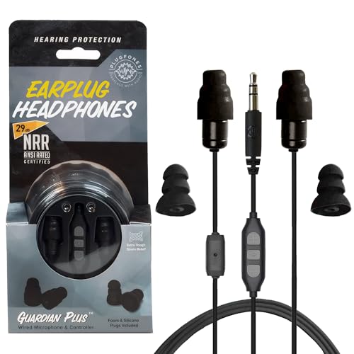 Plugfones Guardian Plus in-Ear Earplug Earbud Hybrid - Noise Reduction in-Ear Headphones with Noise Isolating Mic and Controls (Black)