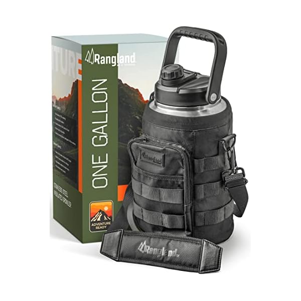 Insulated 1 Gallon Water Bottle with Sleeve - Stainless Steel Wide Mouth Growler with Tactical Carrying Bag - Insulation for Hot/Cold Drinks (128oz)