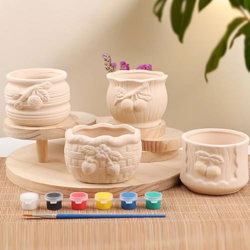 QXLXS 4PCS Jardín Macetas, Kit de Jardín de Flores para Pintar Macetas, Kit de Jardinería de Flores de Pintura, para Niños y Niñas de 5 a 12 Años, DIY pintura Cerámica Pintada
