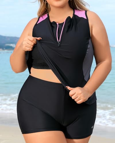 Angel season Plus Size Tankini Swimsuits for Women Zippered Two Piece with Shorts-Recommend Smaller One4