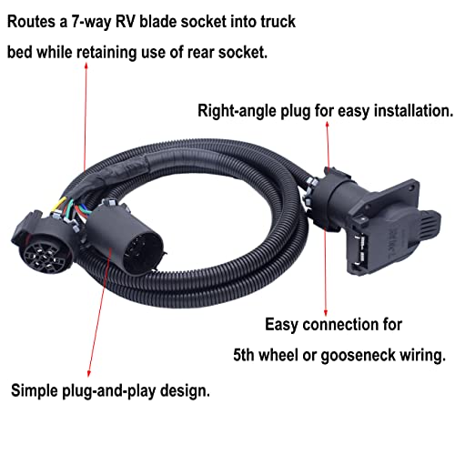MOCW 7-Foot 7-Pin Vehicle Trailer Wiring Harness Extension Truck Bed Extension for 5th Wheel & Gooseneck Trailers for Chevrolet, Dodge, Ford, GMC,Nissan, Ram Toyota - Thumbnail 2