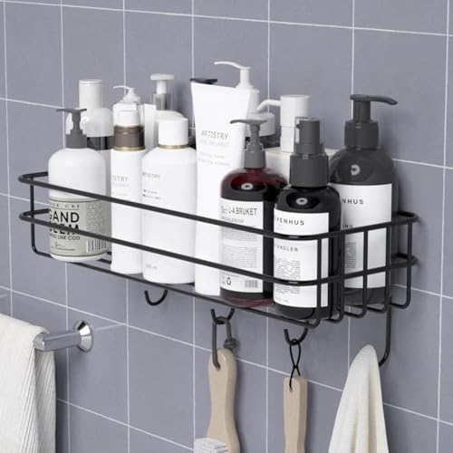 Image of Arena Steel Self-Adhesive Multipurpose Bathroom Shelf with Hooks /Towel Holder /Rack /Bathroom Accessories-Wall Mount - Pack of 4 (White)