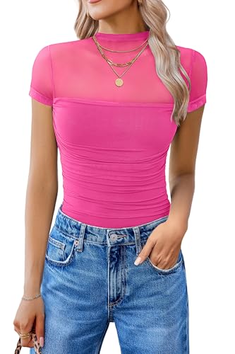 Image of Avidlove Women's Short Sleeve Bodysuit Turtle Neck Body Suits Mesh One Piece Leotard Going Out Tops Date Outfits