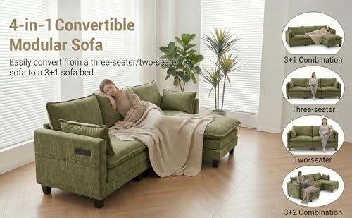 Image of 110.4 inch L Shaped Modular Sectional Sofa, Comfy Upholstery Chenille Cloud Couch with USB, Modern 4-Seat Deep Seat Sofa with Ottoman for Living Room, Apartment, Green