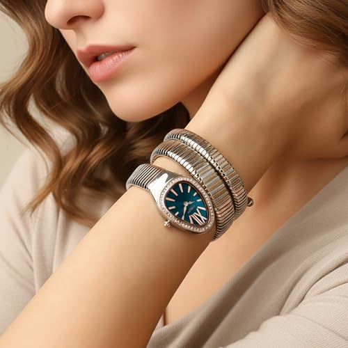 Image of Carlton London Women Charmer Analog Watch, Snake Design Bracelet, Stainless Steel Strap, Quartz Movement, 30M Water Resistant