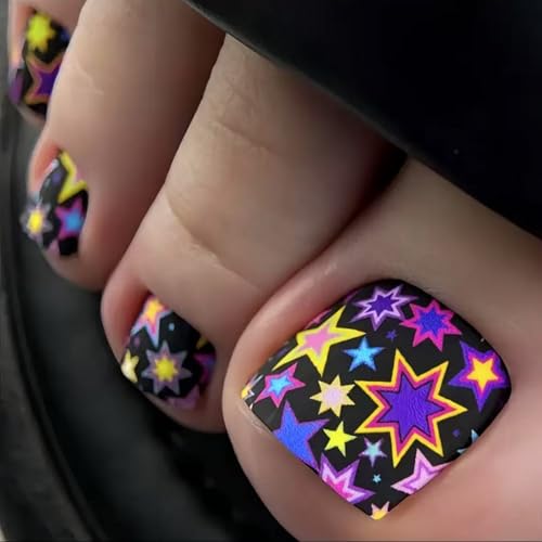Image of Star Press on Toenails Black Fake Toenails Short Square Stick on Toe Nails Reusable Mate Full Cover False Toes for Women Manicure 24Pcs