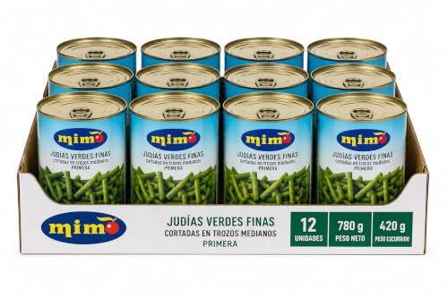 MADALO - MIMO Judías Verdes Finas Cortadas Pack 12 x 780 g - 420g P.E. | Listas para cocinar; corte uniforme y textura tierna, ideales para múltiples recetas.