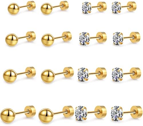 8 Pairs Small Gold Earring Set Hoops And Studs Stainless Steel Stud Earrings for Women Tiny Cartilage Hypoallergenic Sets Girls Silver CZ Ball 8mm-14mm,2/3/4/5mm