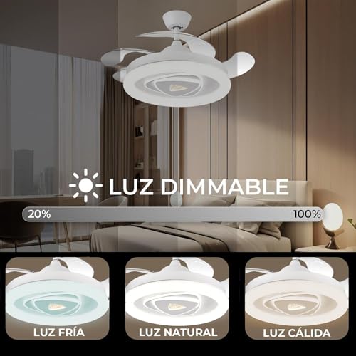 Ventilateur de plafond blanc pales rétractables LED 3 couleurs avec télécommande Ø107