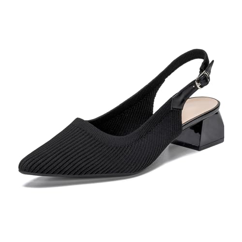youngshow Womens Adjustable Slingback Heels, Pointed Toe Mid-Low Heel, Cute Knitted Slip On Work Pumps Dress Shoes