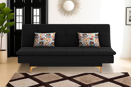 Image of Rosebell Premium New Aspen 3 Seater Sofa Cum Bed 4X6 Velvet Suede with 2 Cushions and Suitable for All Indoor-Black Color