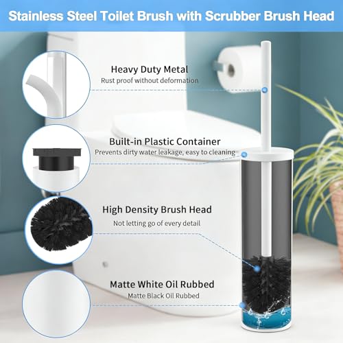 Image of Stainless Steel Toilet Brush and Holder Set Brushed Silver Heavy Duty Toilet Bowl Brush with Long Handle for Bathroom and Farmhouse (White)